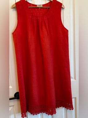 Bellambra Linen Sleeveless Midi Dress Red 1X Eyelet Lace EUC